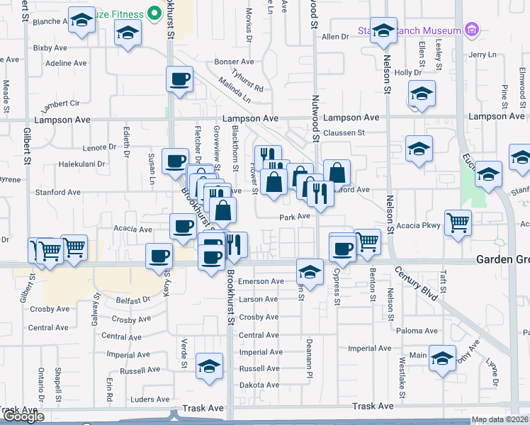 map of restaurants, bars, coffee shops, grocery stores, and more near 10372 Stanford Avenue in Garden Grove