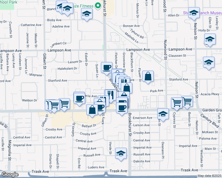 map of restaurants, bars, coffee shops, grocery stores, and more near 12766 Brookhurst Street in Garden Grove