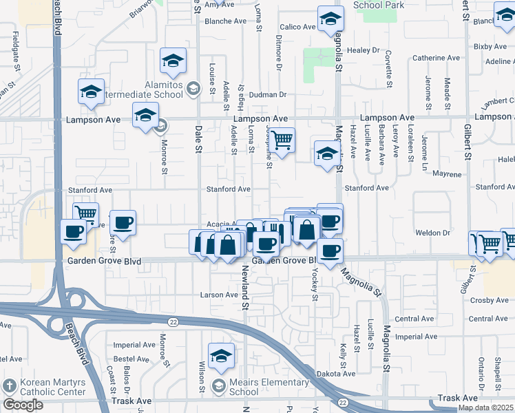 map of restaurants, bars, coffee shops, grocery stores, and more near 12771 Lorna Street in Garden Grove