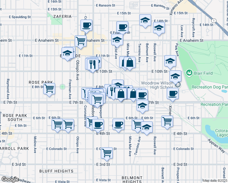 map of restaurants, bars, coffee shops, grocery stores, and more near 785 Euclid Avenue in Long Beach