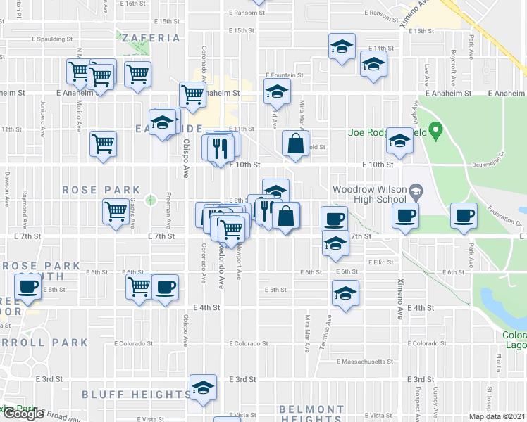 map of restaurants, bars, coffee shops, grocery stores, and more near 795 Loma Avenue in Long Beach