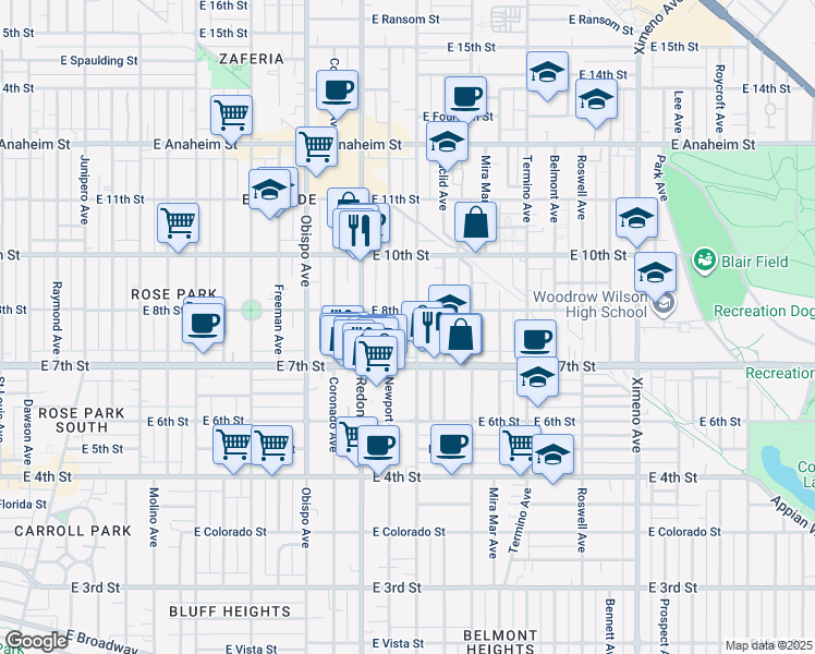 map of restaurants, bars, coffee shops, grocery stores, and more near 795 Loma Avenue in Long Beach