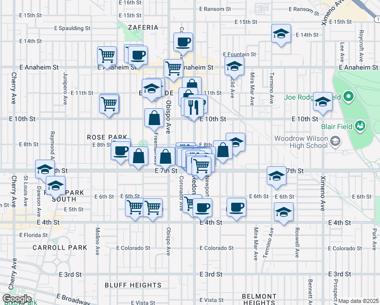 map of restaurants, bars, coffee shops, grocery stores, and more near 788 Coronado Avenue in Long Beach