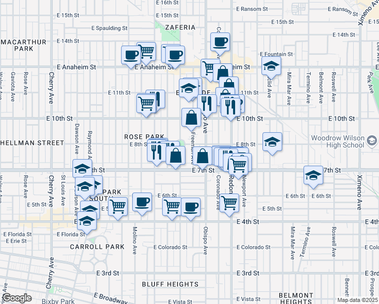 map of restaurants, bars, coffee shops, grocery stores, and more near 790 Orizaba Avenue in Long Beach