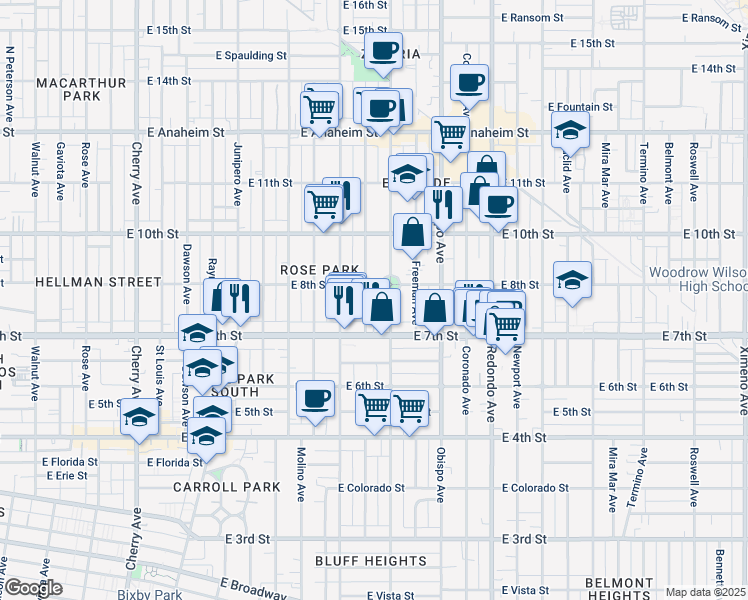 map of restaurants, bars, coffee shops, grocery stores, and more near 795 Gladys Avenue in Long Beach