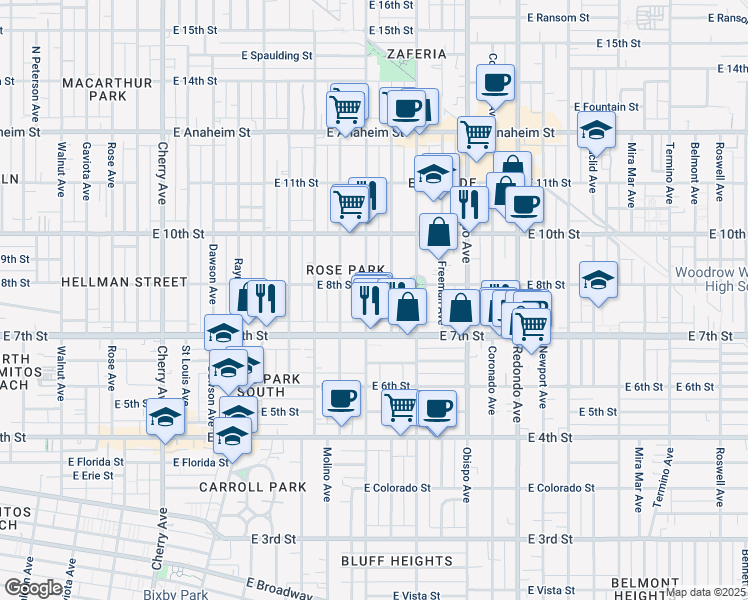 map of restaurants, bars, coffee shops, grocery stores, and more near 795 Gladys Avenue in Long Beach