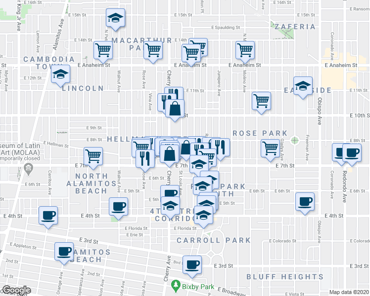 map of restaurants, bars, coffee shops, grocery stores, and more near 2082 East 8th Street in Long Beach