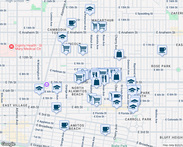 map of restaurants, bars, coffee shops, grocery stores, and more near 1620 East 8th Street in Long Beach