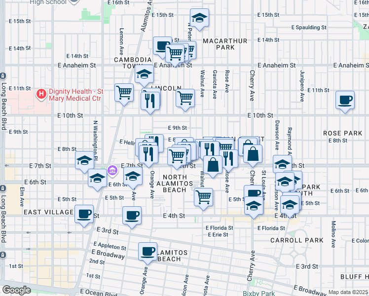 map of restaurants, bars, coffee shops, grocery stores, and more near 1502 East 8th Street in Long Beach