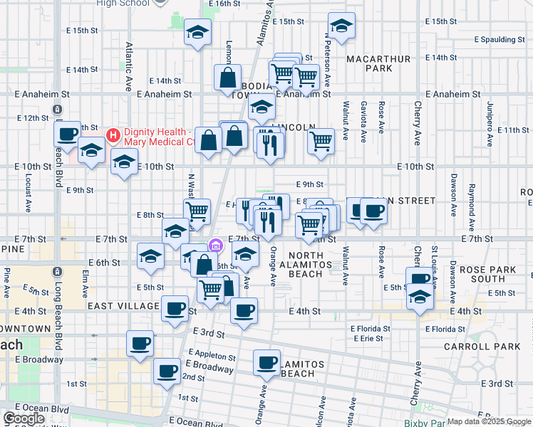 map of restaurants, bars, coffee shops, grocery stores, and more near 23 North San Pablo Court in Long Beach