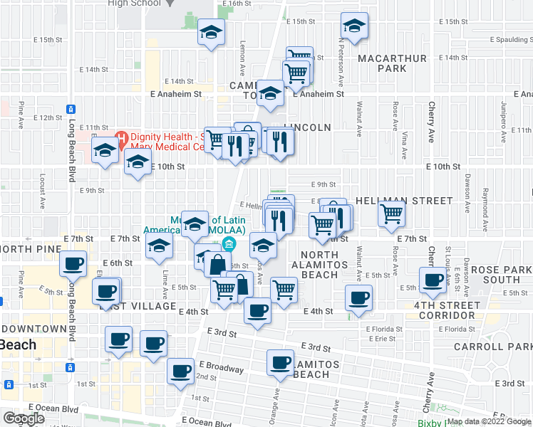map of restaurants, bars, coffee shops, grocery stores, and more near 23 North San Pablo Court in Long Beach