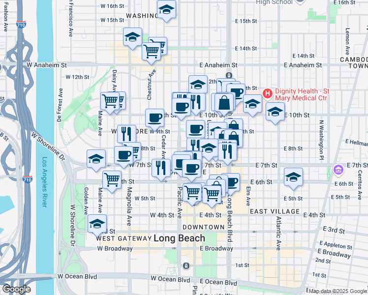 map of restaurants, bars, coffee shops, grocery stores, and more near 823 Pacific Avenue in Long Beach