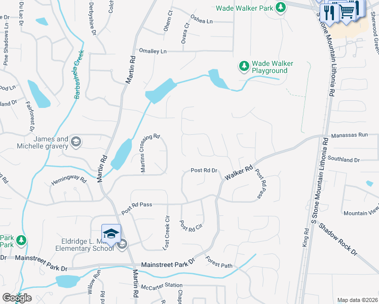 map of restaurants, bars, coffee shops, grocery stores, and more near 667 Leighton Way in Stone Mountain