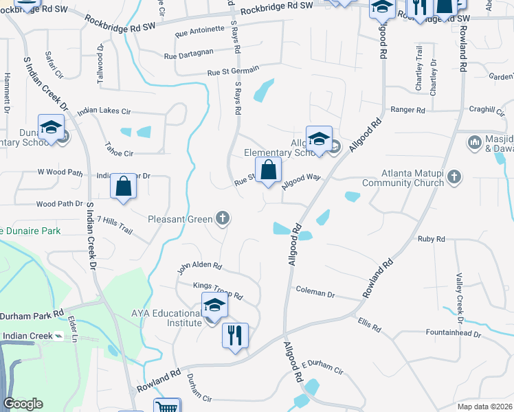 map of restaurants, bars, coffee shops, grocery stores, and more near 4232 Nelby Drive in Stone Mountain