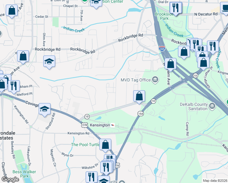map of restaurants, bars, coffee shops, grocery stores, and more near 601 Alexander Hills in Decatur