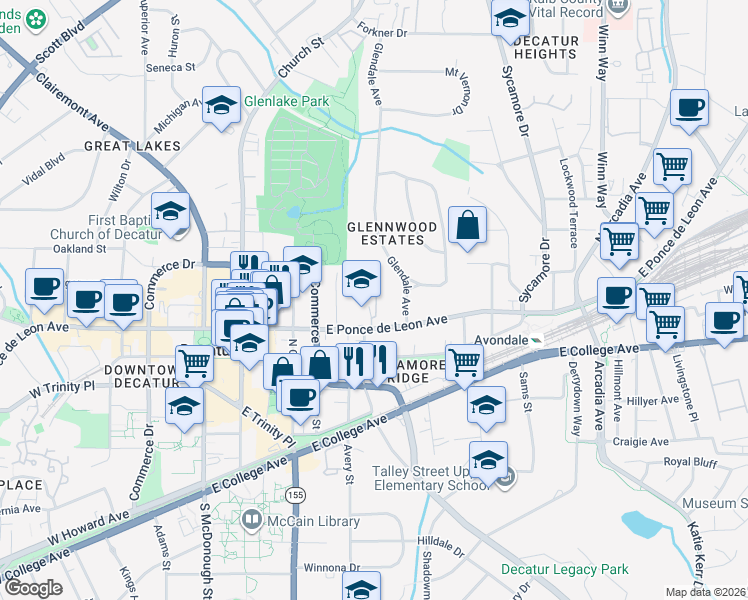map of restaurants, bars, coffee shops, grocery stores, and more near 510 East Ponce de Leon Avenue in Decatur