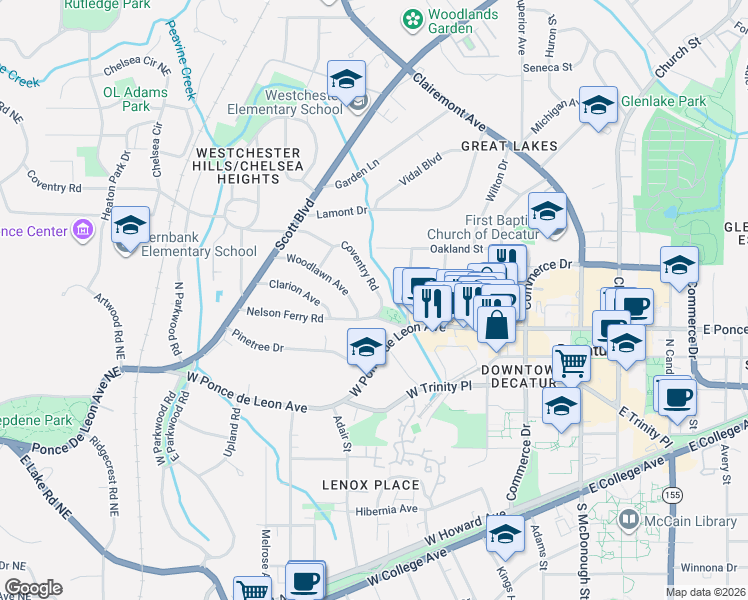 map of restaurants, bars, coffee shops, grocery stores, and more near 136 Coventry Road in Decatur