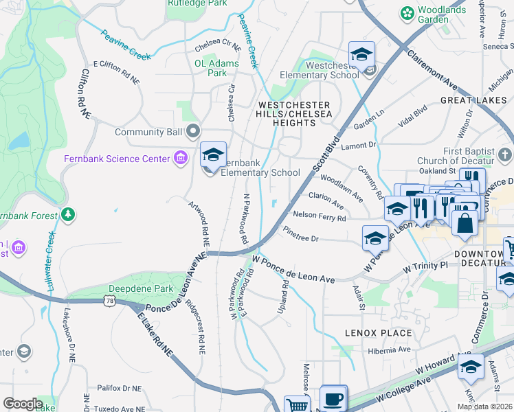 map of restaurants, bars, coffee shops, grocery stores, and more near 735 North Parkwood Road in Decatur
