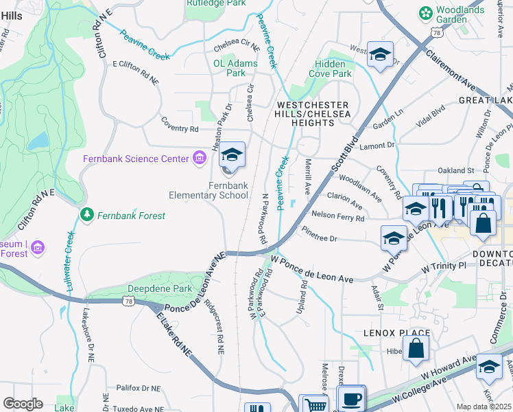 map of restaurants, bars, coffee shops, grocery stores, and more near 720 North Parkwood Road in Decatur