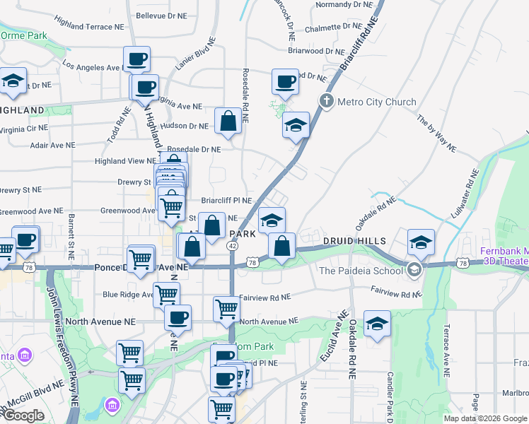 map of restaurants, bars, coffee shops, grocery stores, and more near 1231 Lullwater Park Circle in Atlanta