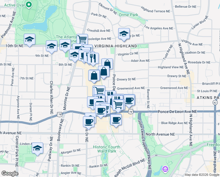map of restaurants, bars, coffee shops, grocery stores, and more near 805 Highland Green Way Northeast in Atlanta
