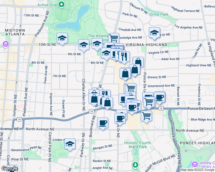 map of restaurants, bars, coffee shops, grocery stores, and more near 541 Greenwood Avenue Northeast in Atlanta