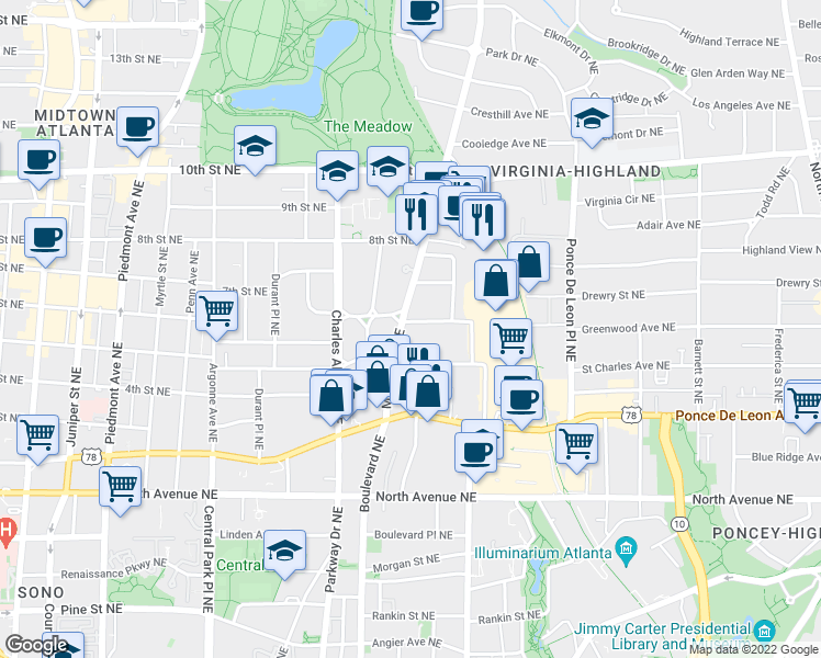 map of restaurants, bars, coffee shops, grocery stores, and more near in Atlanta