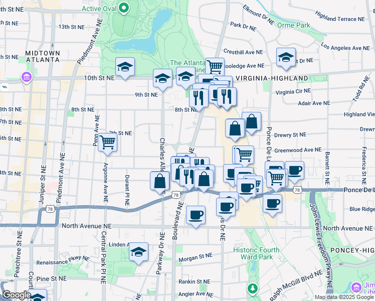 map of restaurants, bars, coffee shops, grocery stores, and more near in Atlanta