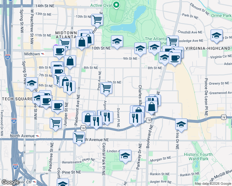 map of restaurants, bars, coffee shops, grocery stores, and more near 822 Glendale Terrace Northeast in Atlanta