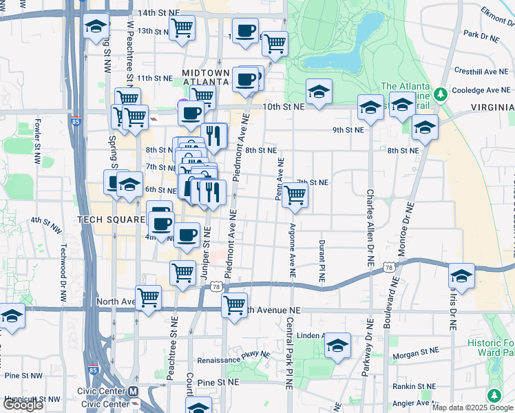 map of restaurants, bars, coffee shops, grocery stores, and more near 815 Myrtle Street Northeast in Atlanta
