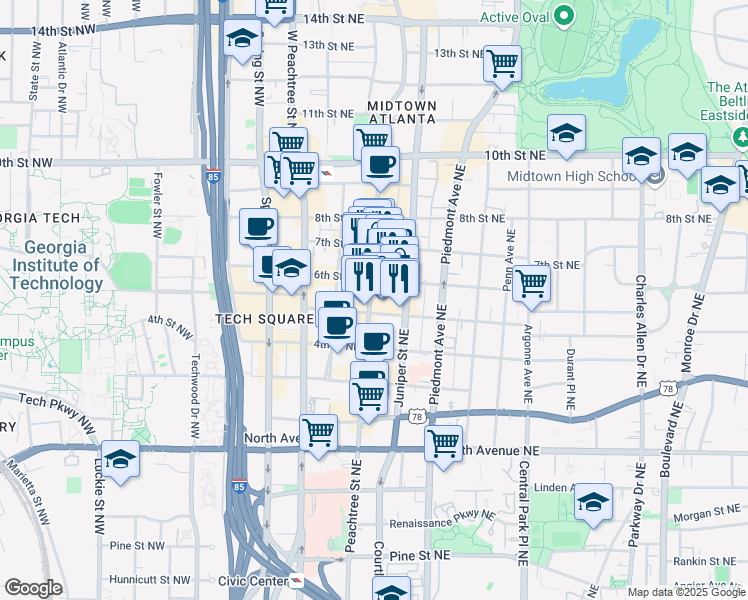 map of restaurants, bars, coffee shops, grocery stores, and more near 811 Peachtree Street Northeast in Atlanta