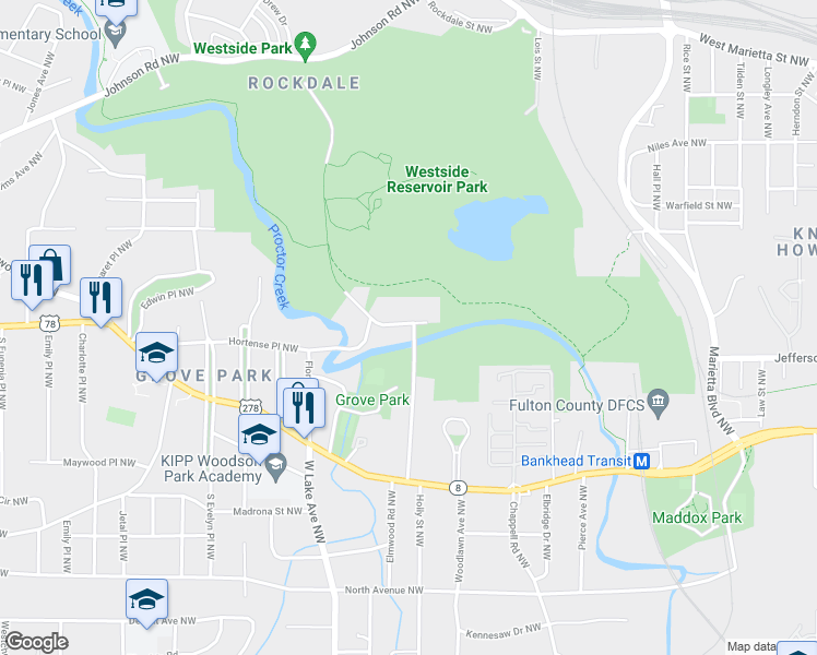 map of restaurants, bars, coffee shops, grocery stores, and more near 11 Grove Park Place Northwest in Atlanta