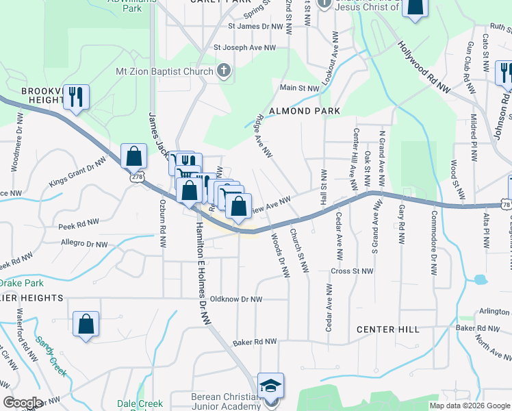 map of restaurants, bars, coffee shops, grocery stores, and more near 2533 Bellview Avenue Northwest in Atlanta