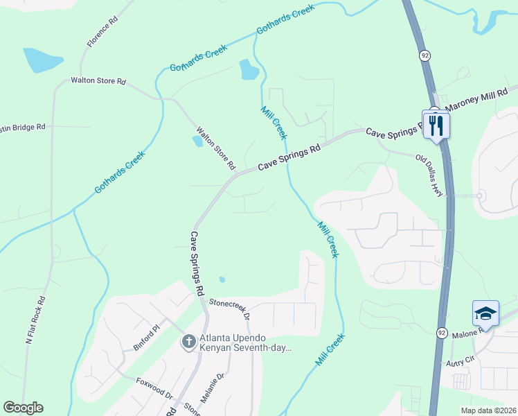 map of restaurants, bars, coffee shops, grocery stores, and more near 6357 Gothards Lane in Douglasville