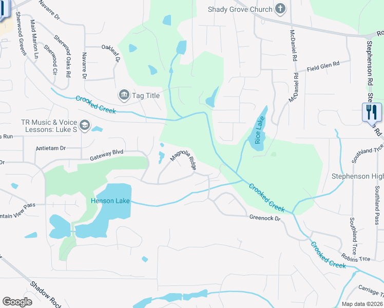 map of restaurants, bars, coffee shops, grocery stores, and more near 6163 Magnolia Ridge in Stone Mountain