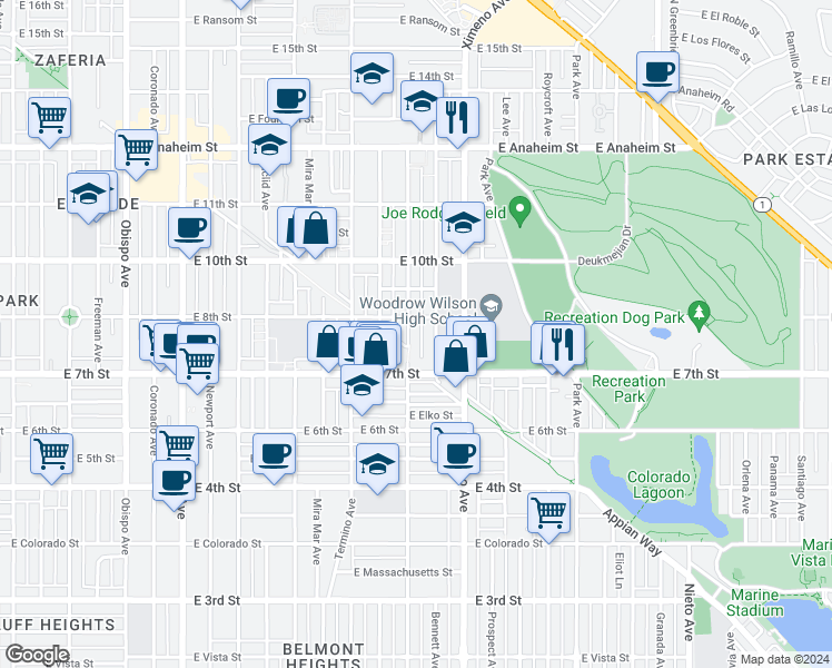 map of restaurants, bars, coffee shops, grocery stores, and more near 770 Roswell Avenue in Long Beach