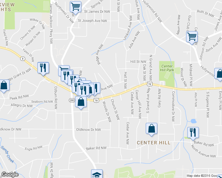 map of restaurants, bars, coffee shops, grocery stores, and more near 2468 Bellview Avenue Northwest in Atlanta