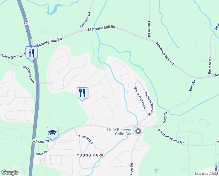 map of restaurants, bars, coffee shops, grocery stores, and more near 7340 Hunters Ridge Drive in Douglasville