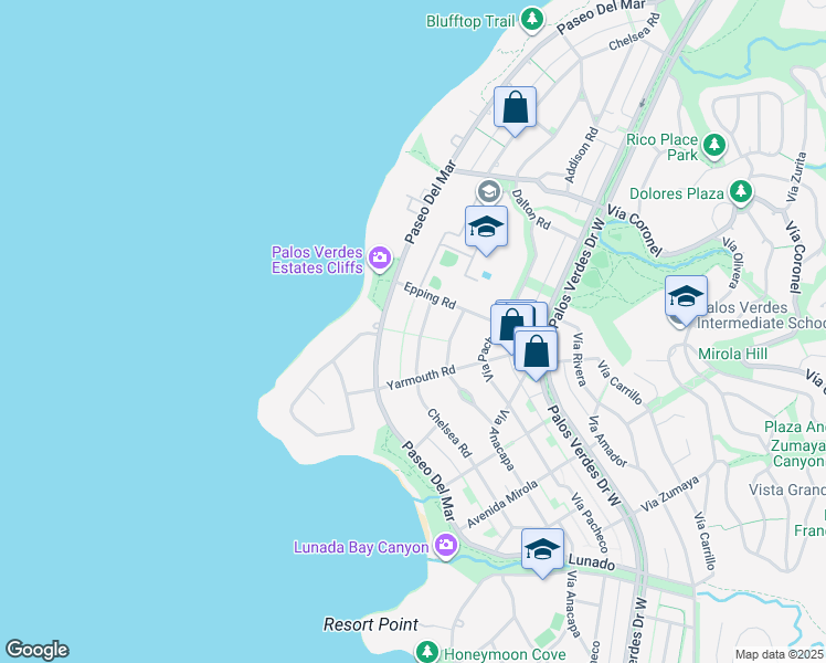 map of restaurants, bars, coffee shops, grocery stores, and more near 2109 Chelsea Road in Palos Verdes Estates