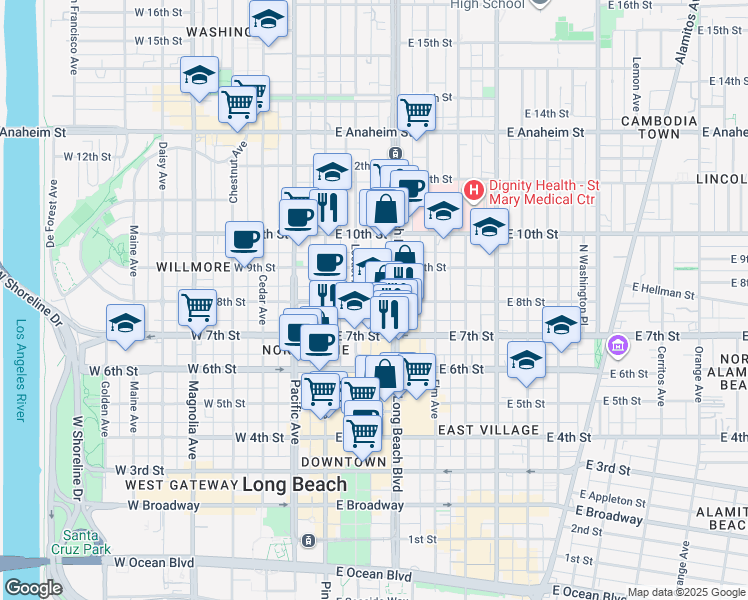 map of restaurants, bars, coffee shops, grocery stores, and more near 235 East 8th Street in Long Beach