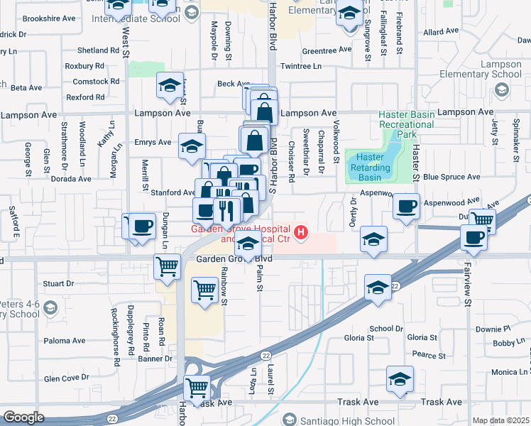 map of restaurants, bars, coffee shops, grocery stores, and more near in Garden Grove