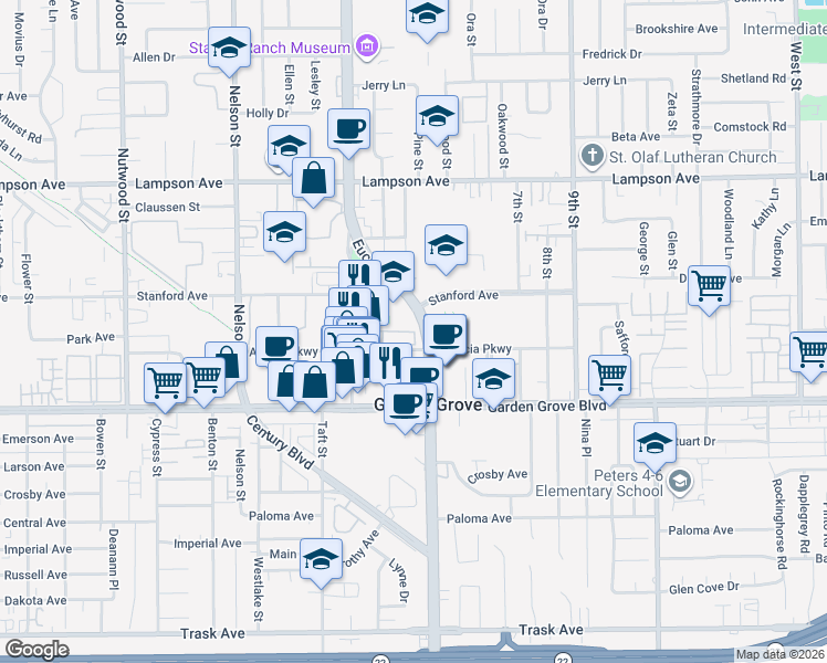 map of restaurants, bars, coffee shops, grocery stores, and more near 11105 Linda Lane in Garden Grove