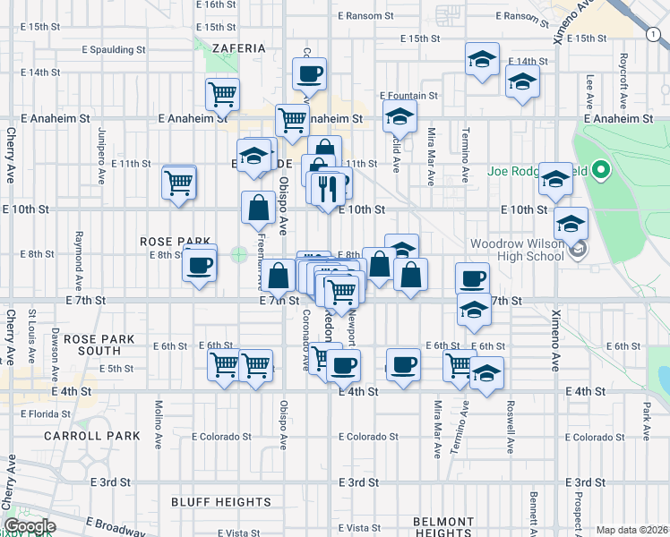 map of restaurants, bars, coffee shops, grocery stores, and more near 768 Redondo Avenue in Long Beach