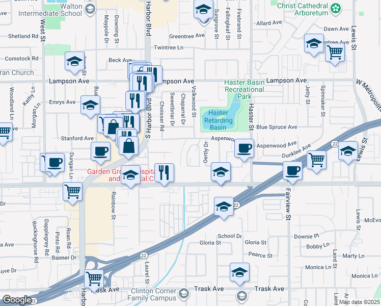 map of restaurants, bars, coffee shops, grocery stores, and more near 12841 Forest Drive in Garden Grove