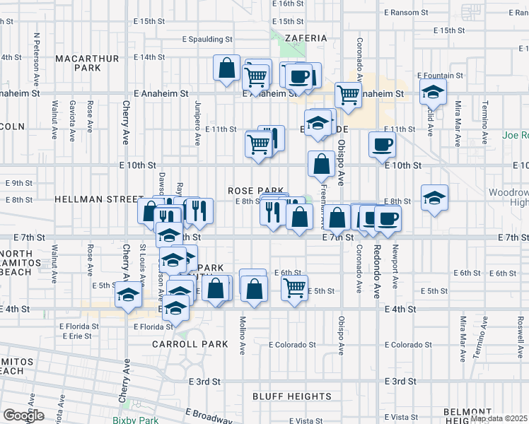 map of restaurants, bars, coffee shops, grocery stores, and more near 765 Temple Avenue in Long Beach