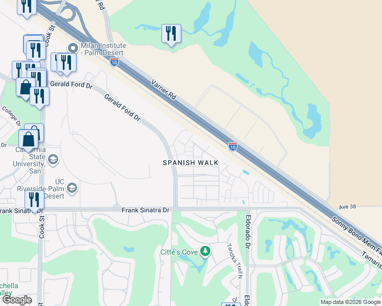 map of restaurants, bars, coffee shops, grocery stores, and more near 227 Paseo Animado in Palm Desert