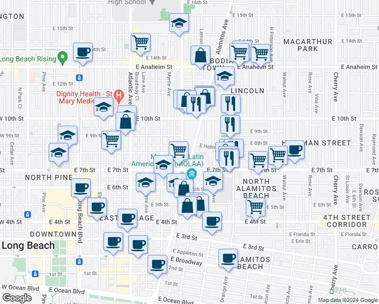 map of restaurants, bars, coffee shops, grocery stores, and more near 775 Alamitos Avenue in Long Beach