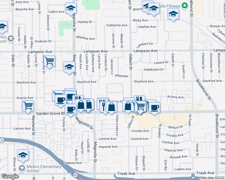 map of restaurants, bars, coffee shops, grocery stores, and more near 9321 Marietta Avenue in Garden Grove