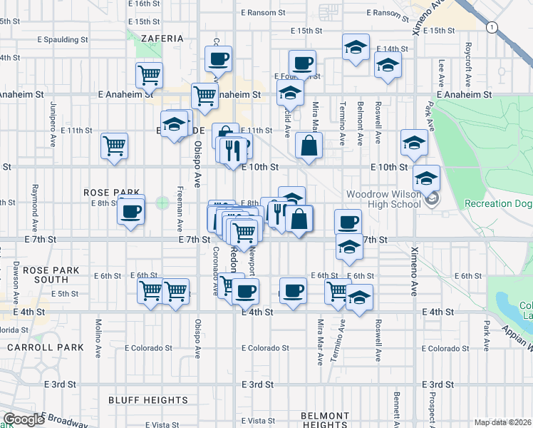 map of restaurants, bars, coffee shops, grocery stores, and more near 765 Loma Avenue in Long Beach