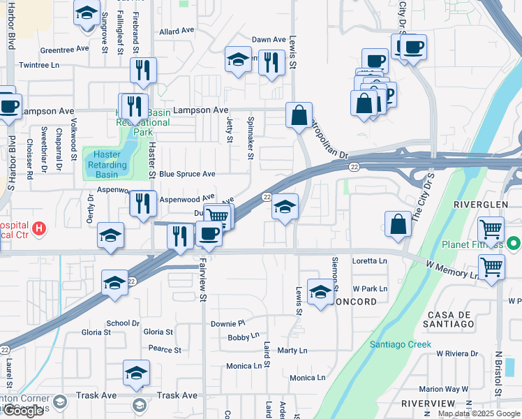 map of restaurants, bars, coffee shops, grocery stores, and more near 13391 El Prado Avenue in Garden Grove